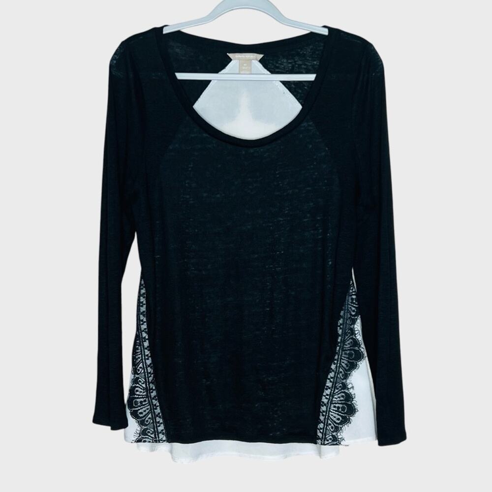 Banana Republic Mixed Media Blouse Womens Size M Black Lace Linen Front